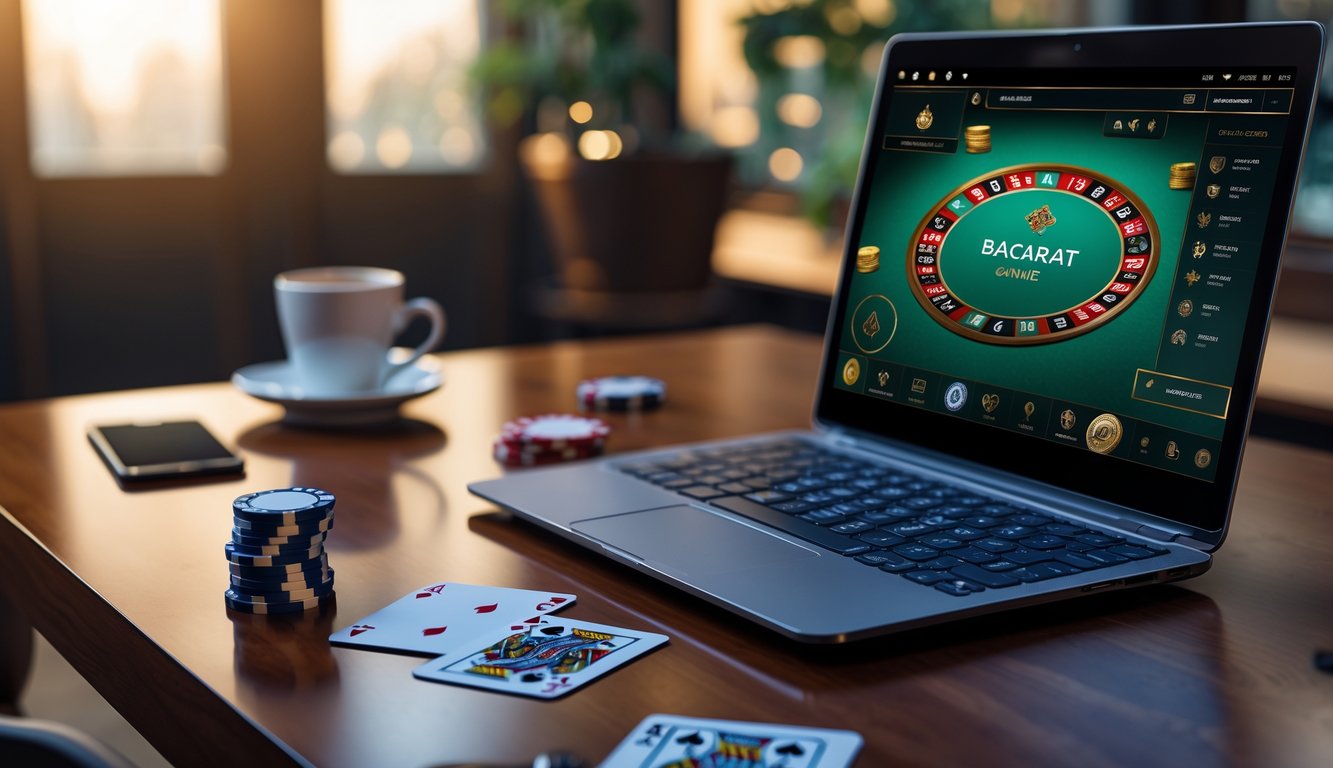 Sebuah meja dengan komputer yang menampilkan permainan baccarat online, tumpukan chip poker, dan kartu bermain di atas meja kayu.