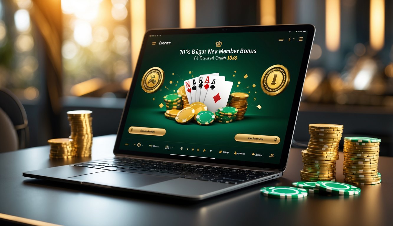 Setup permainan baccarat online dengan kartu dan chip di layar perangkat modern, menampilkan suasana nyaman dan aman.