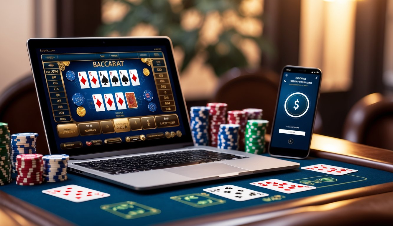 Seorang pria duduk di depan laptop yang menampilkan permainan baccarat online dengan kartu dan chip kasino di atas meja, serta ponsel yang menunjukkan layar transaksi.