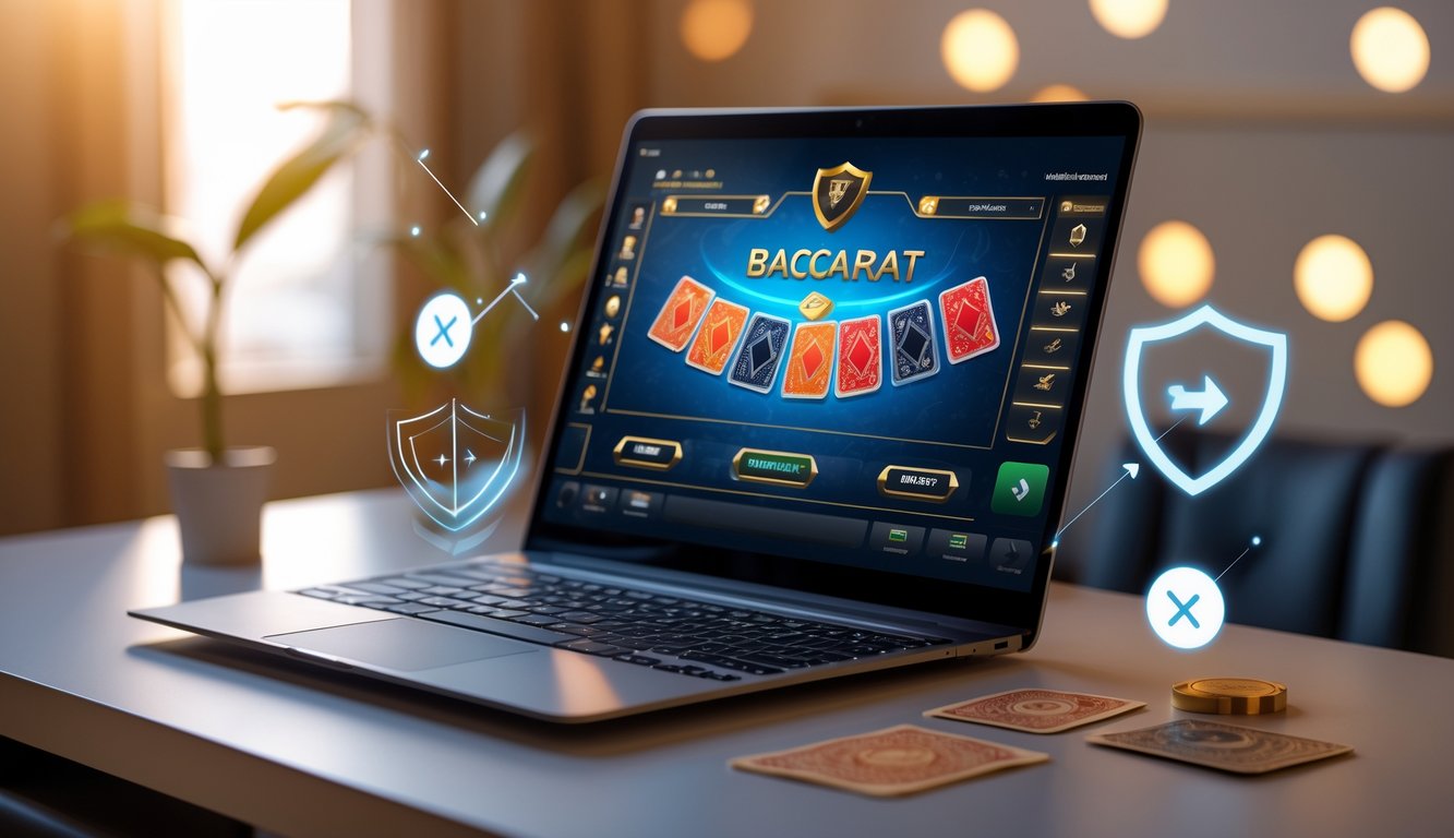 Seorang pria menggunakan laptop dengan tampilan permainan baccarat online di layar, di meja yang rapi dengan chip dan kartu, menunjukkan suasana permainan judi online yang terpercaya dan mudah digunakan.