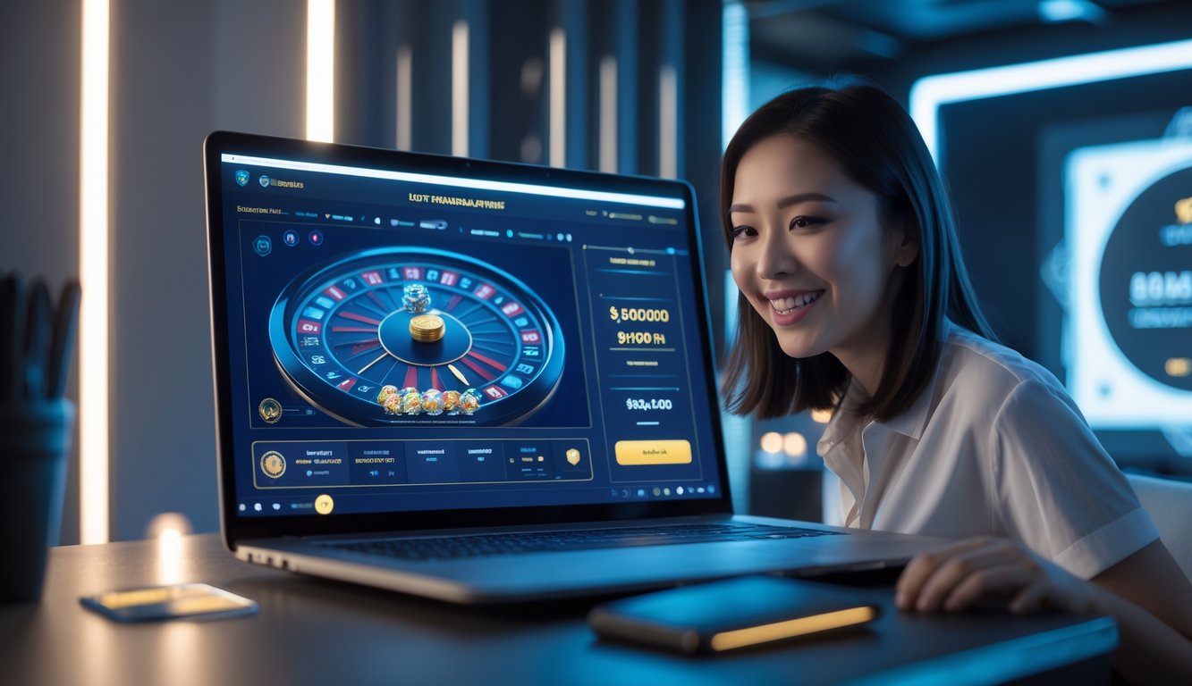 Seorang dewasa muda yang tersenyum sedang menggunakan komputer dengan tampilan permainan baccarat online di layar.