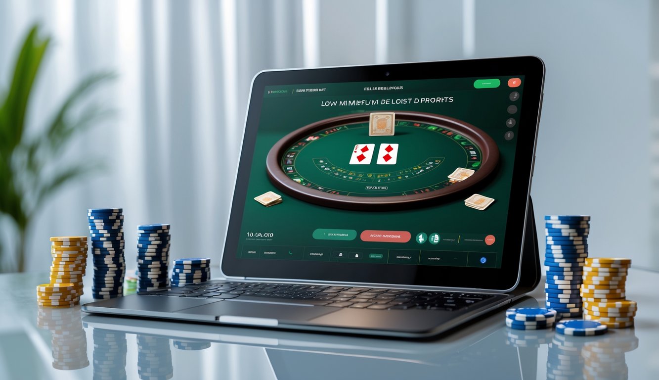 Sebuah laptop modern menampilkan permainan baccarat online dengan kartu dan chip, dikelilingi tumpukan chip dan uang di latar belakang bersih.