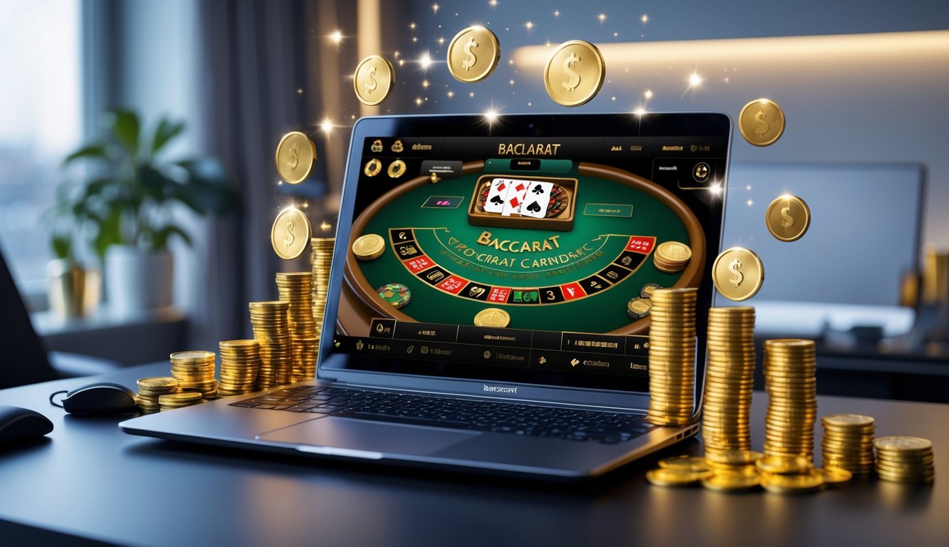 Sebuah laptop di meja dengan permainan baccarat online yang terlihat jelas, dikelilingi oleh koin dan uang sebagai simbol bonus dan cashback.
