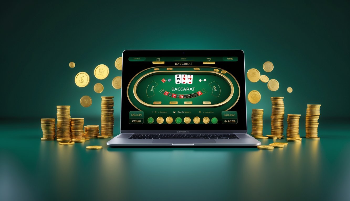 Sebuah meja dengan komputer menampilkan permainan baccarat online dan tumpukan koin serta uang di sekitarnya.