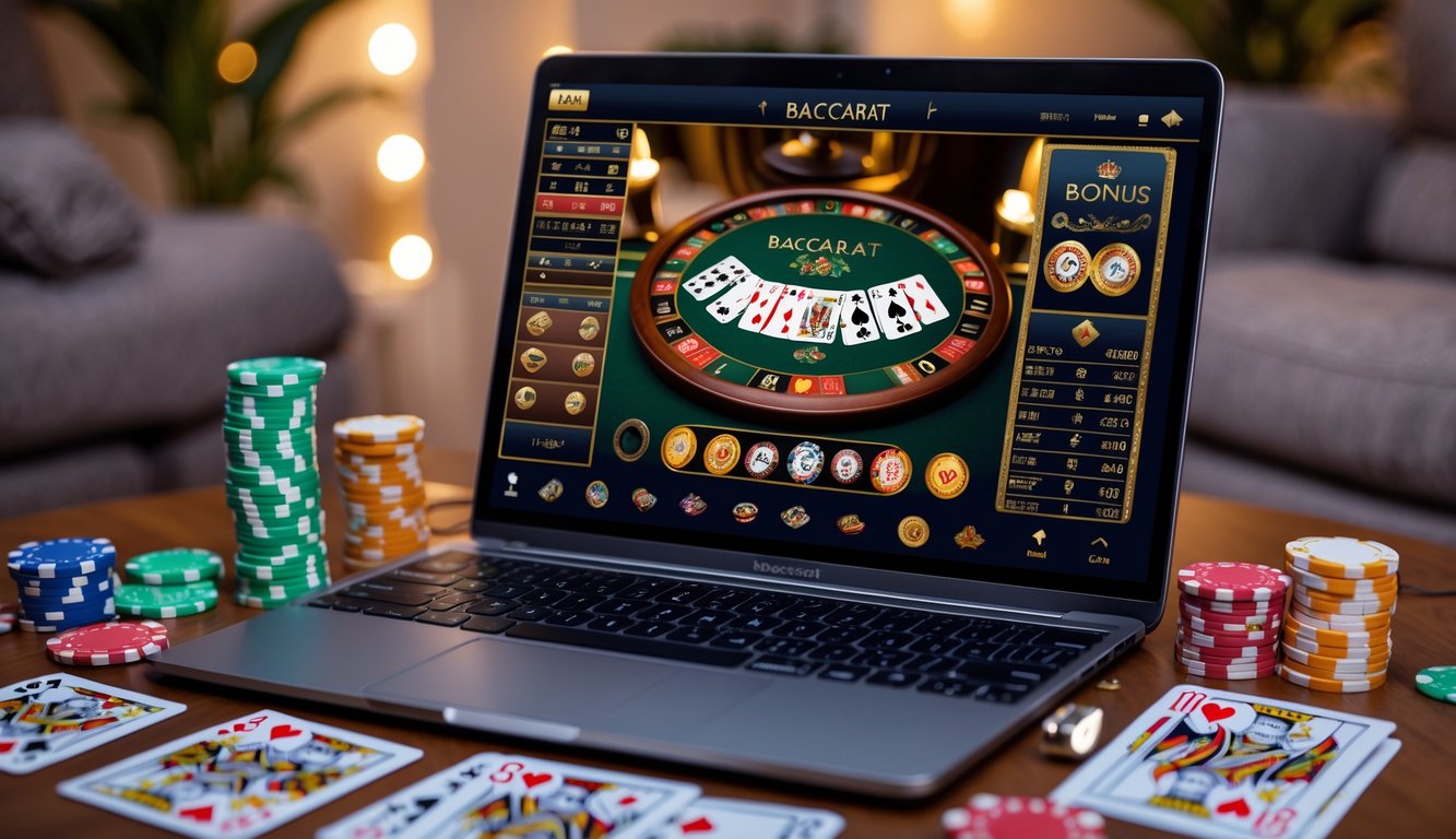 Seorang pemain menggunakan laptop dengan tampilan permainan baccarat online, di meja terdapat chip poker dan kartu bermain, suasana nyaman di rumah.