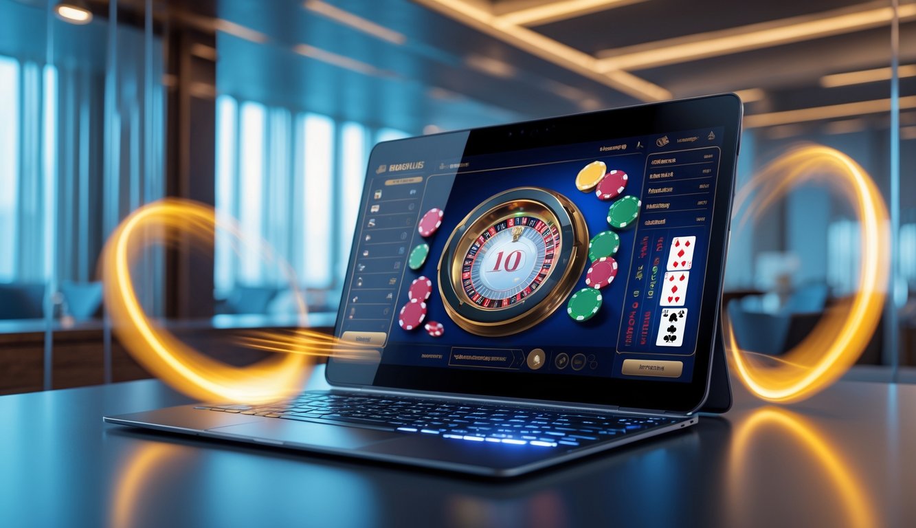 Sebuah meja dengan perangkat digital menampilkan permainan baccarat online, dikelilingi oleh chip dan kartu, menggambarkan bonus anggota baru dengan proses cepat dan mudah.