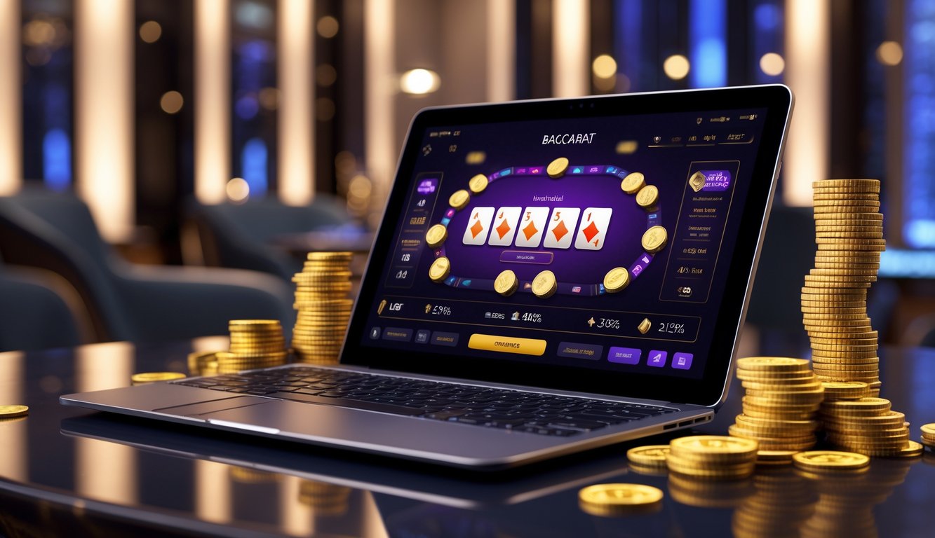 Seorang pemain menggunakan laptop untuk bermain baccarat online dengan tumpukan chip dan koin di meja yang mewah.