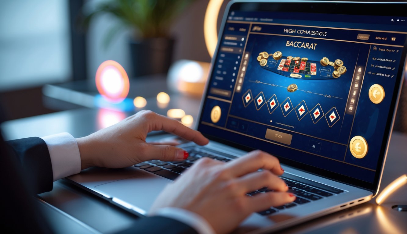Seorang pengguna sedang bermain permainan baccarat online di komputer dengan simbol bonus dan komisi di layar.