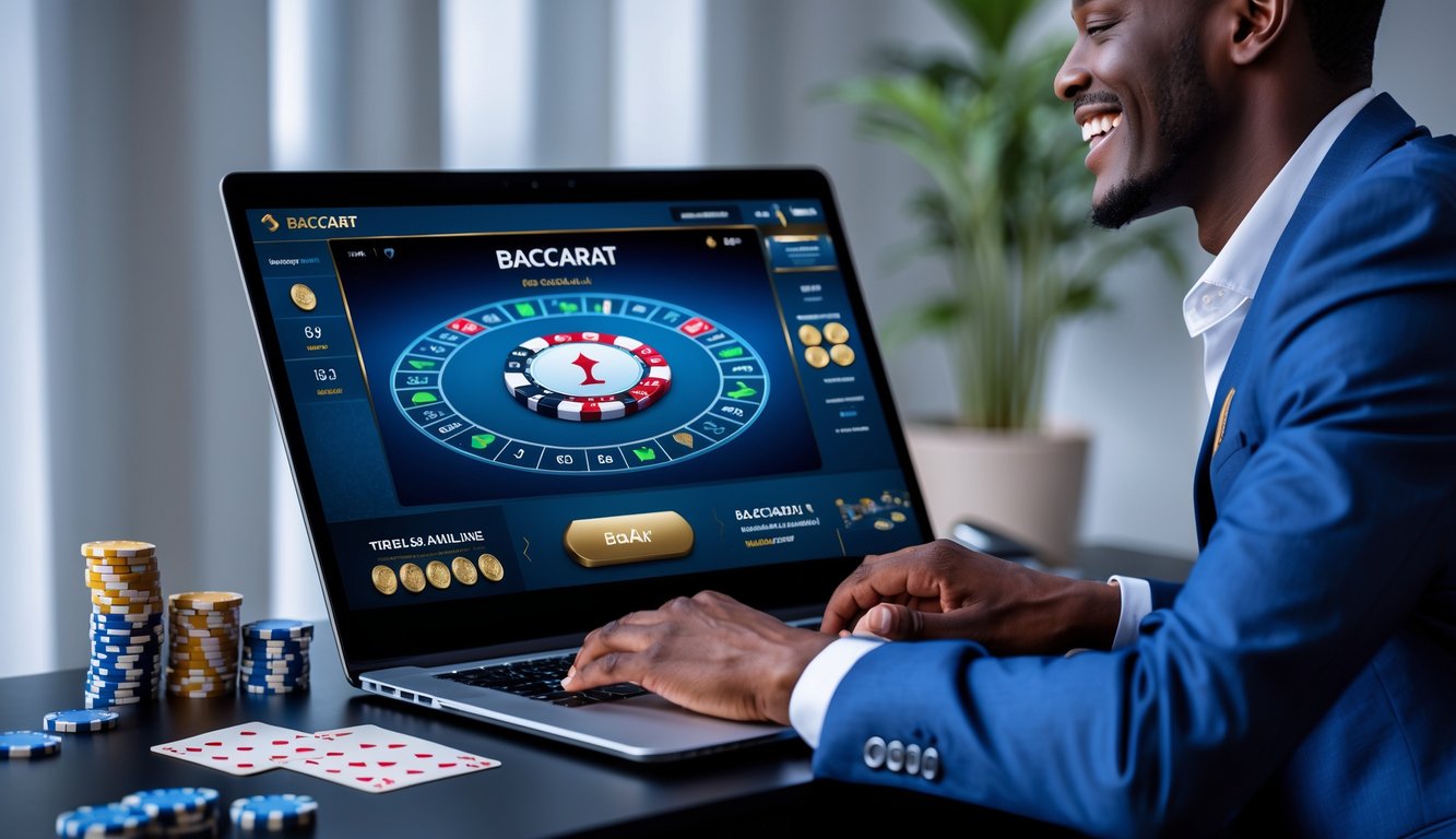 Seseorang yang percaya diri bermain permainan baccarat online di laptop dengan tumpukan chip dan kartu di meja dalam ruangan yang rapi.