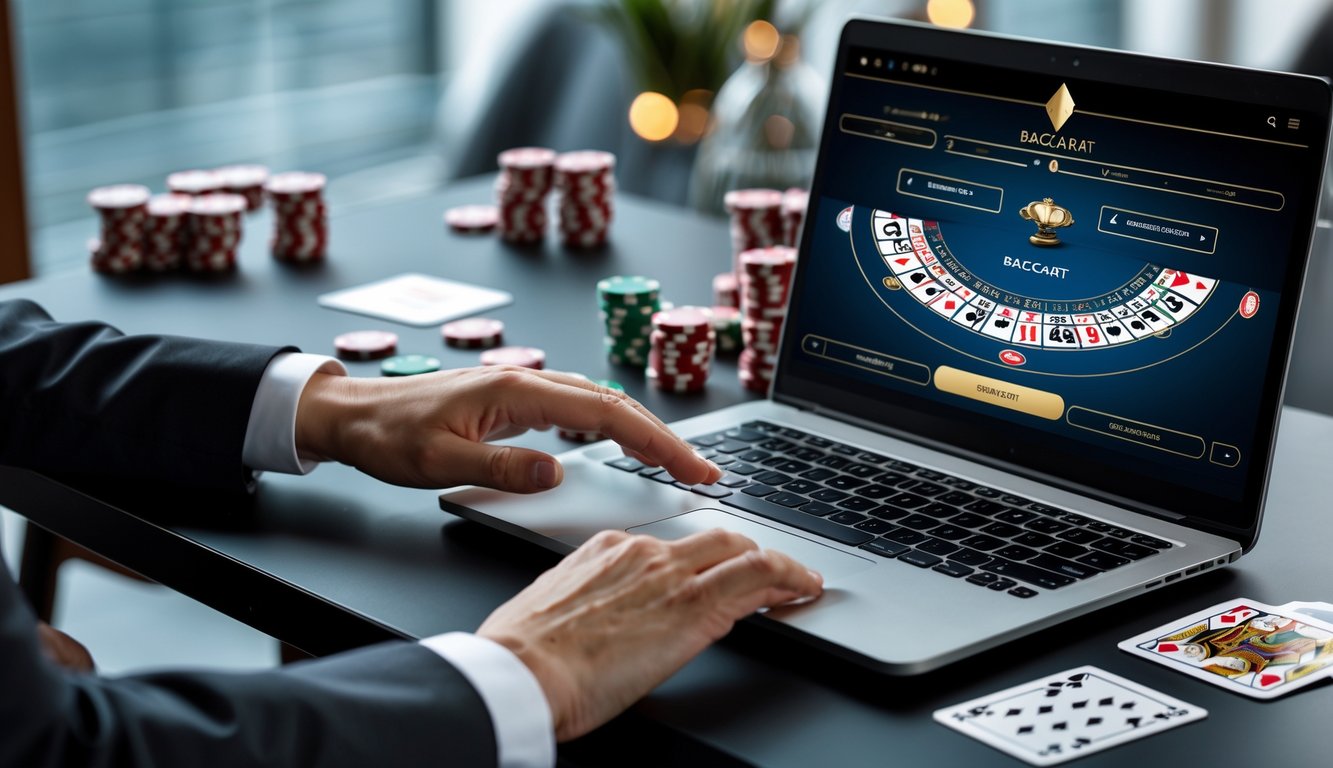 Seorang pengguna sedang bermain baccarat online di laptop dengan chip poker dan kartu di atas meja.