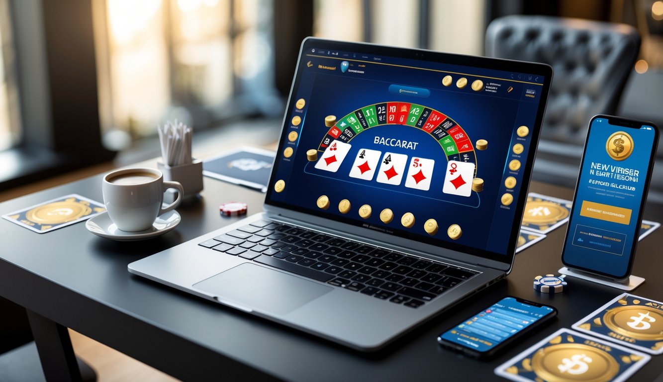 Sebuah meja kerja modern dengan laptop yang menampilkan permainan baccarat online, dikelilingi oleh chip dan kartu digital, serta ponsel dan cangkir kopi di sekitarnya.