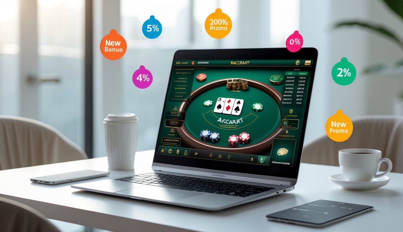 Seorang pengguna sedang bermain baccarat online di laptop dengan suasana ruang kerja modern dan elemen promosi bonus di latar belakang.