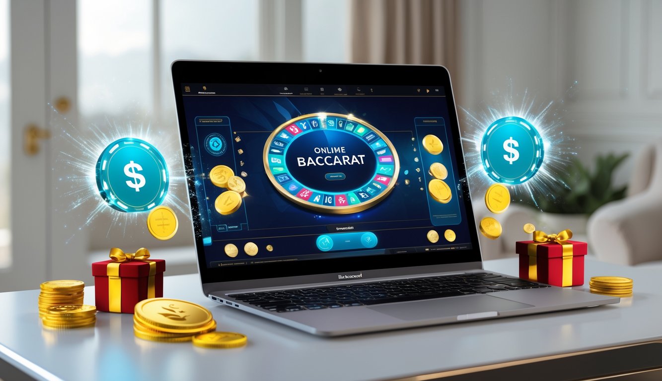 Seseorang bermain baccarat online di laptop dengan suasana ruangan yang nyaman dan elemen digital yang menunjukkan bonus dan promosi.