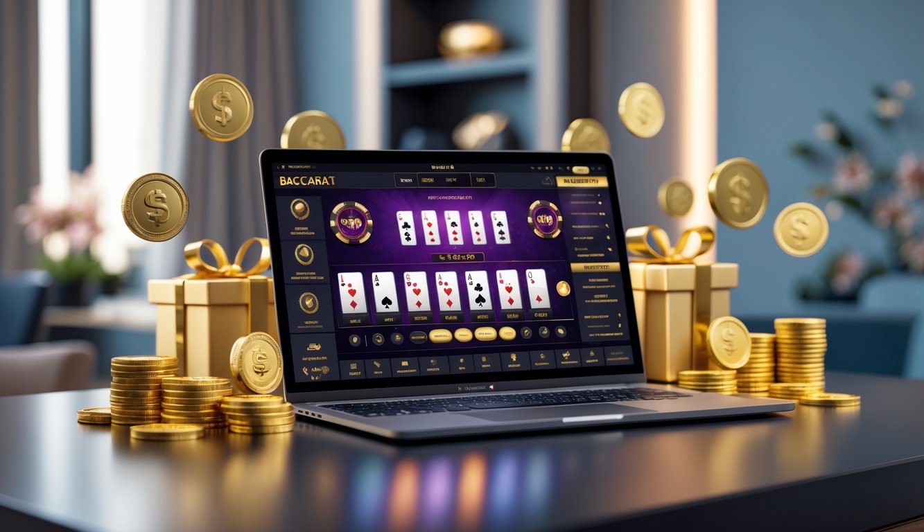 Seorang pengguna bermain baccarat online di komputer dengan latar belakang suasana modern dan elemen simbol bonus di sekitar perangkat.