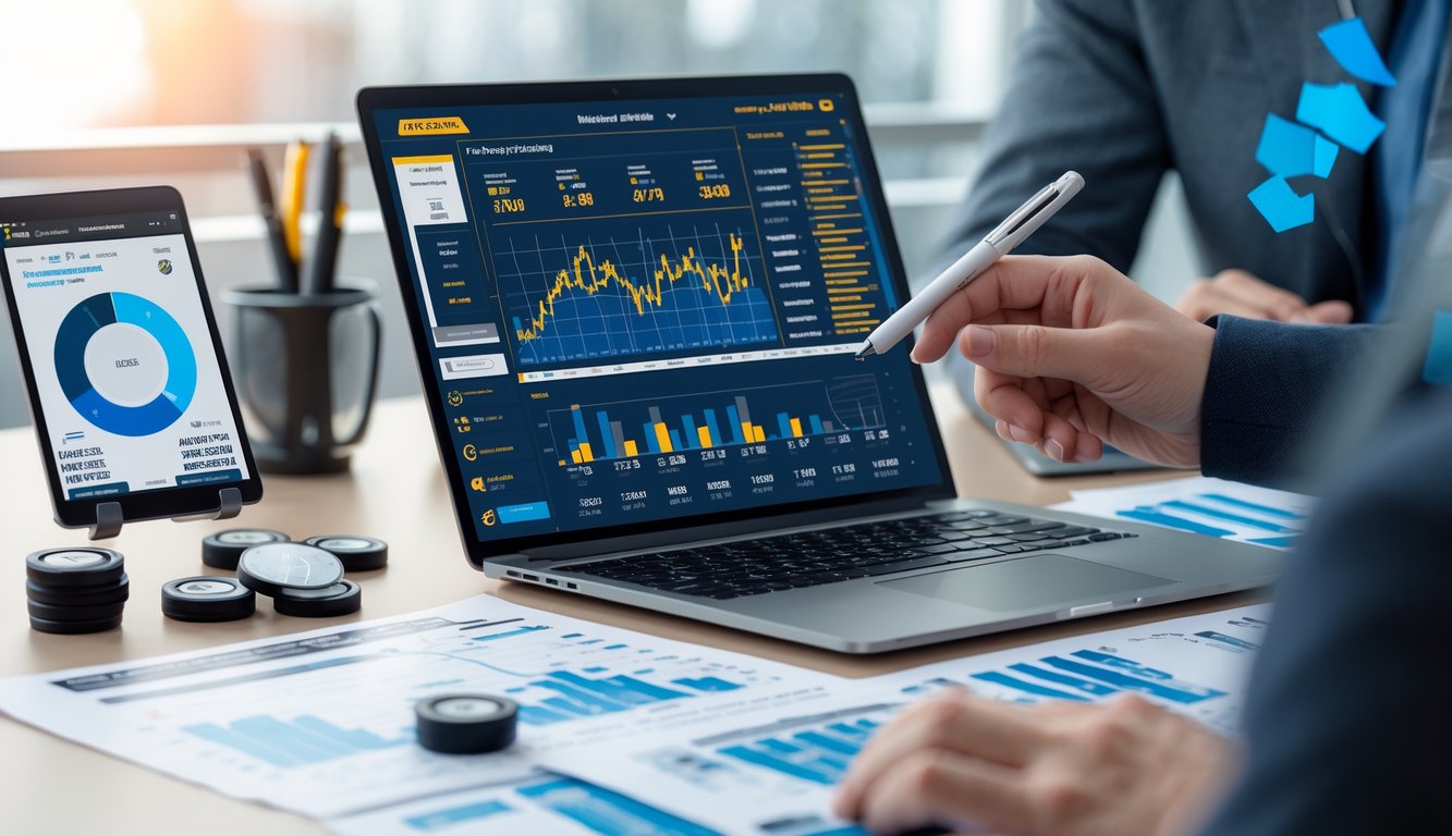 Meja kerja dengan laptop dan tablet yang menampilkan statistik tim NHL dan data taruhan, dengan tangan seseorang menunjuk ke layar untuk analisa.