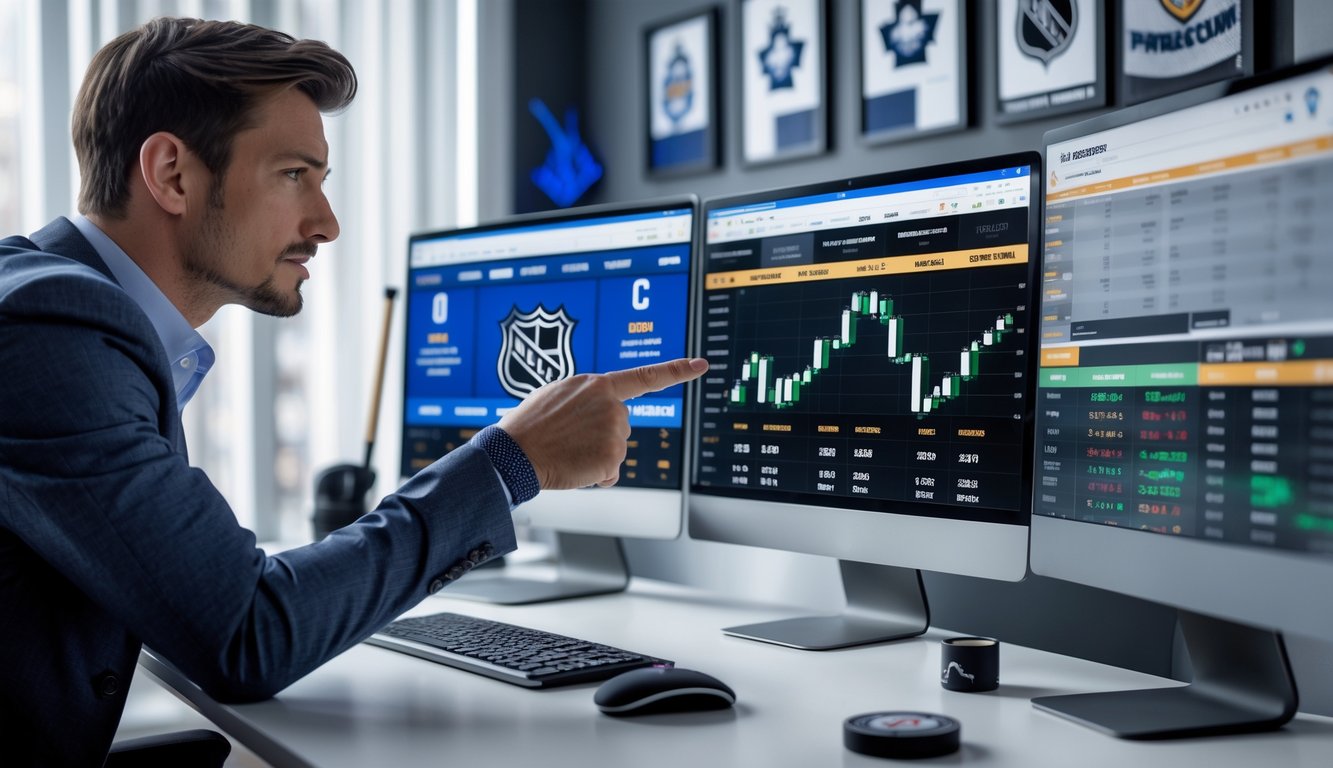 Seorang analis olahraga sedang melihat data statistik dan prediksi taruhan tim NHL di depan beberapa layar komputer di ruang kerja modern.