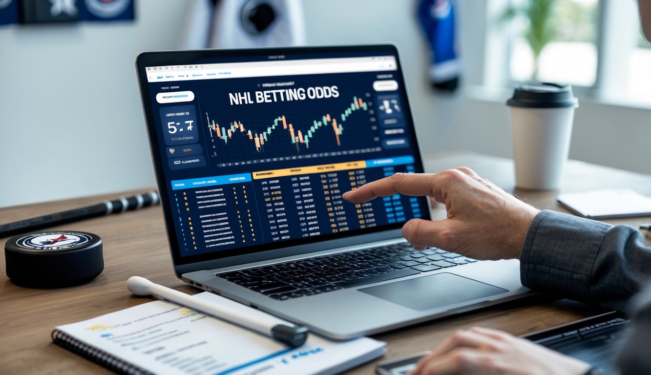 Seseorang sedang bekerja di meja dengan laptop yang menampilkan data taruhan NHL, di sekitar meja terdapat benda-benda terkait hoki es seperti puck dan tongkat hoki kecil.