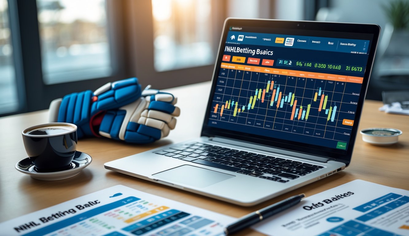 Seorang pria duduk di meja kerja dengan laptop yang menampilkan grafik peluang taruhan NHL, dikelilingi oleh dokumen strategi taruhan dan perlengkapan hoki di latar belakang.