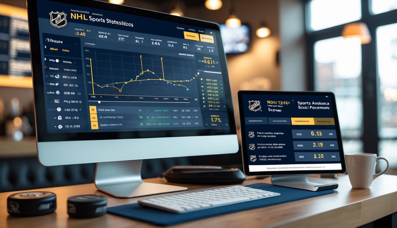 Sebuah meja kerja dengan komputer dan tablet yang menampilkan statistik dan prediksi skor NHL, dikelilingi oleh perlengkapan hoki.
