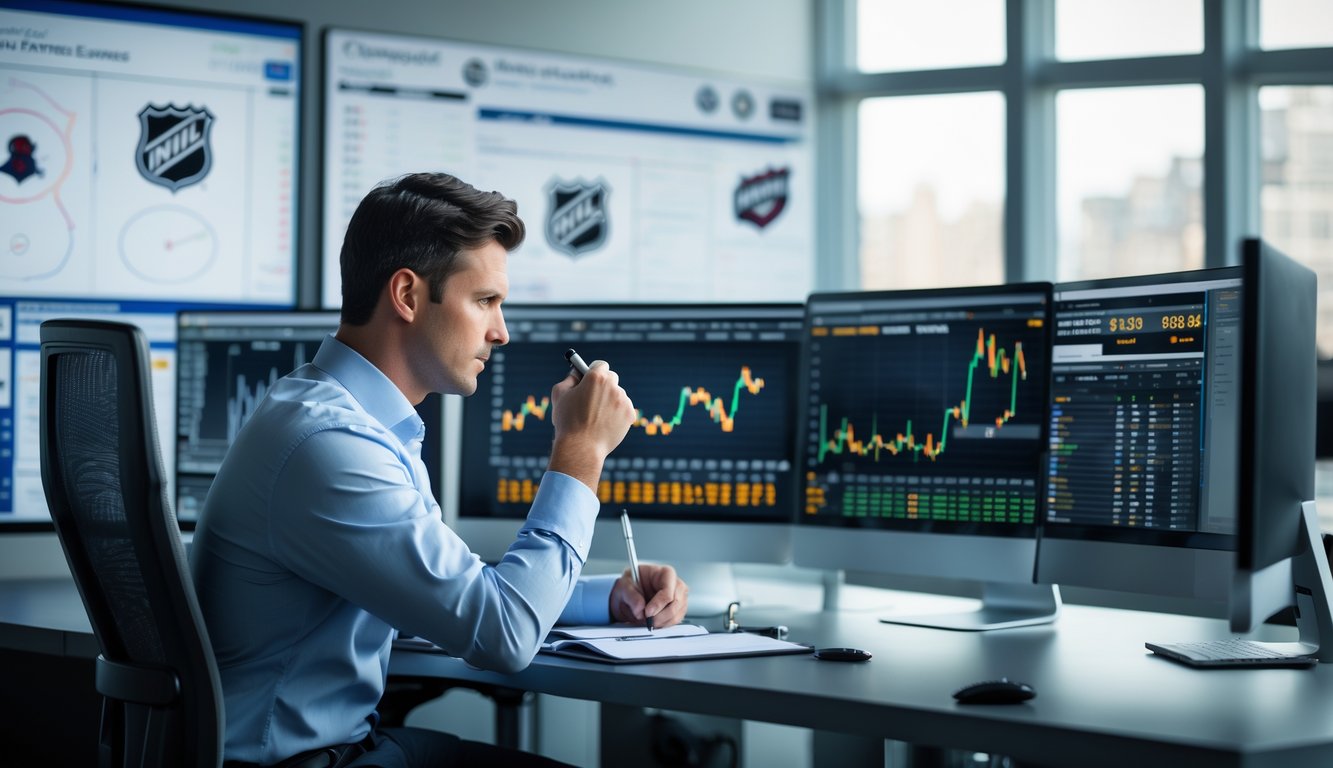 Seorang analis olahraga sedang memeriksa statistik dan grafik performa tim NHL di meja kerja dengan beberapa monitor komputer.