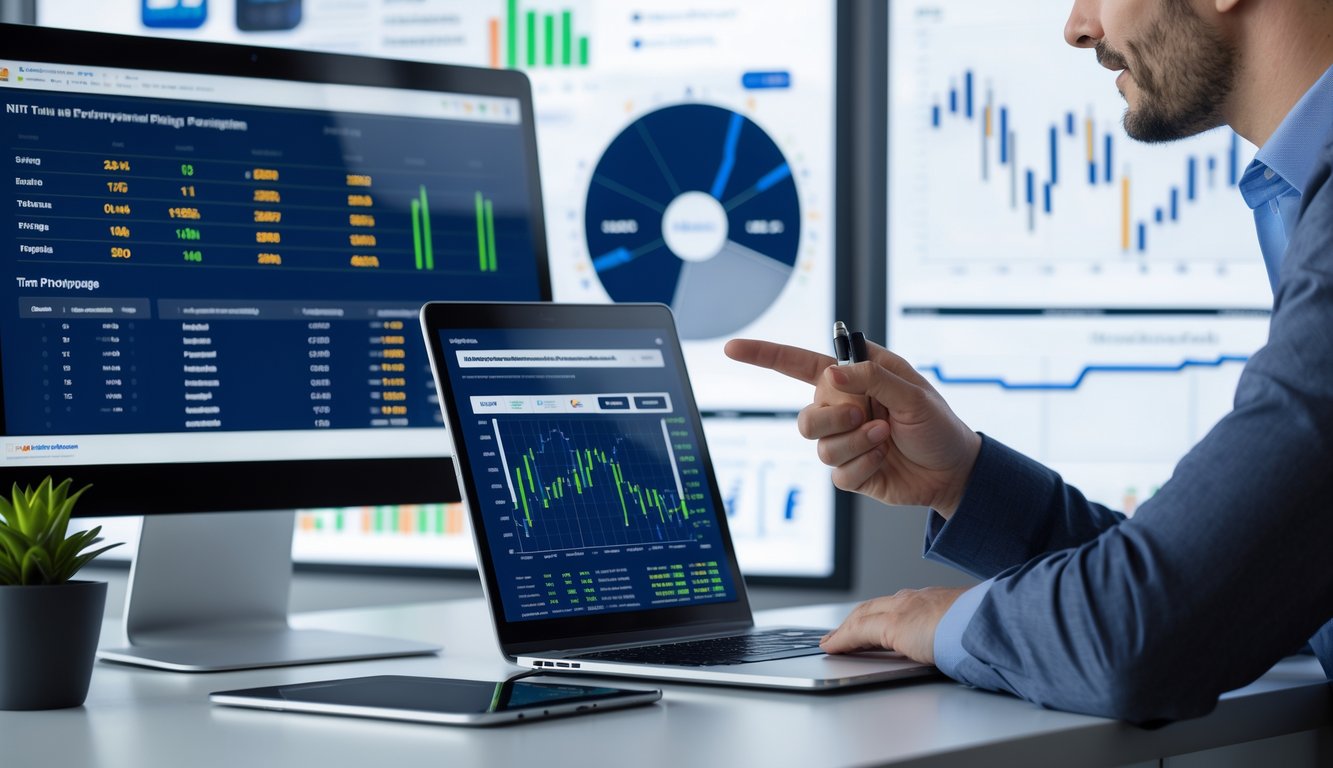 Seorang profesional menganalisis data performa tim NHL terbaru di meja kerja dengan perangkat digital dan grafik di layar.