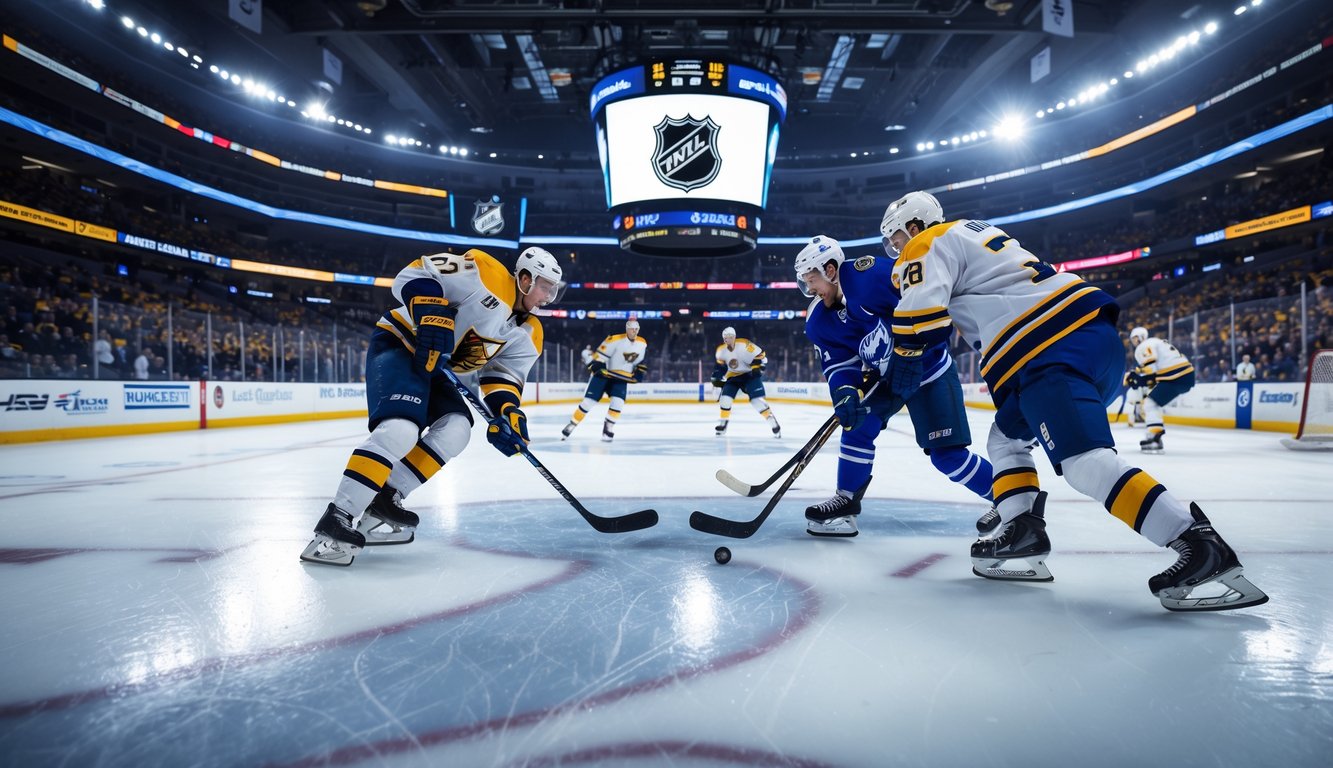 Pertandingan hoki es NHL yang intens dengan dua tim bertanding di arena besar dan penuh penonton.