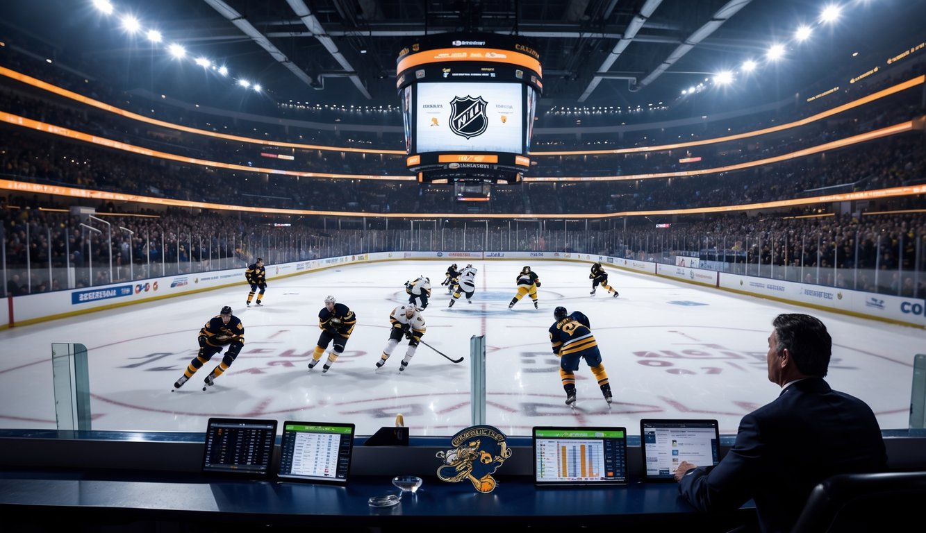 Pertandingan hoki es NHL sedang berlangsung dengan pemain yang sedang bermain dan seorang analis yang melihat data statistik di pinggir lapangan.