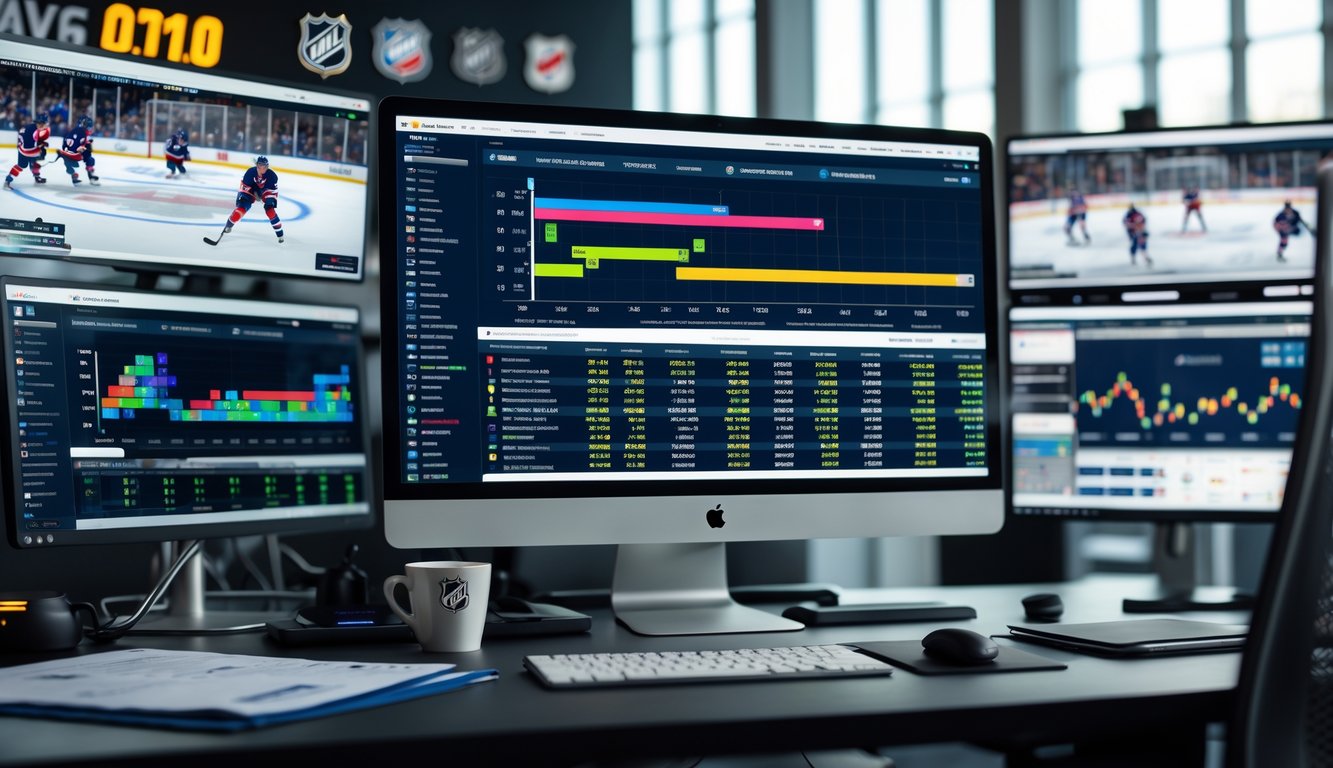 Ruang kerja analis olahraga dengan monitor menampilkan grafik dan data statistik pemain hoki es NHL, serta layar lain yang menunjukkan pertandingan langsung dan prediksi pertandingan.