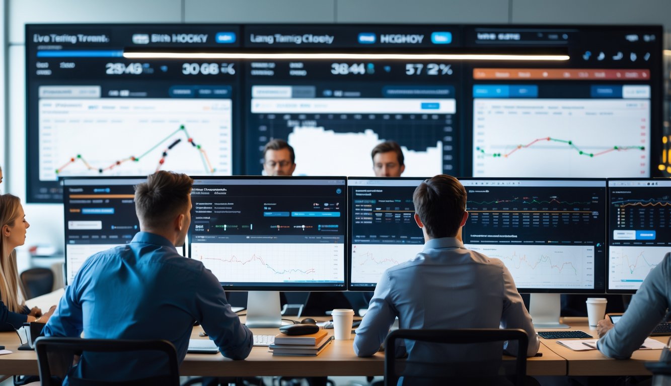 Sekelompok orang sedang menganalisis tren pertandingan hoki es di kantor dengan layar komputer menampilkan grafik dan statistik.