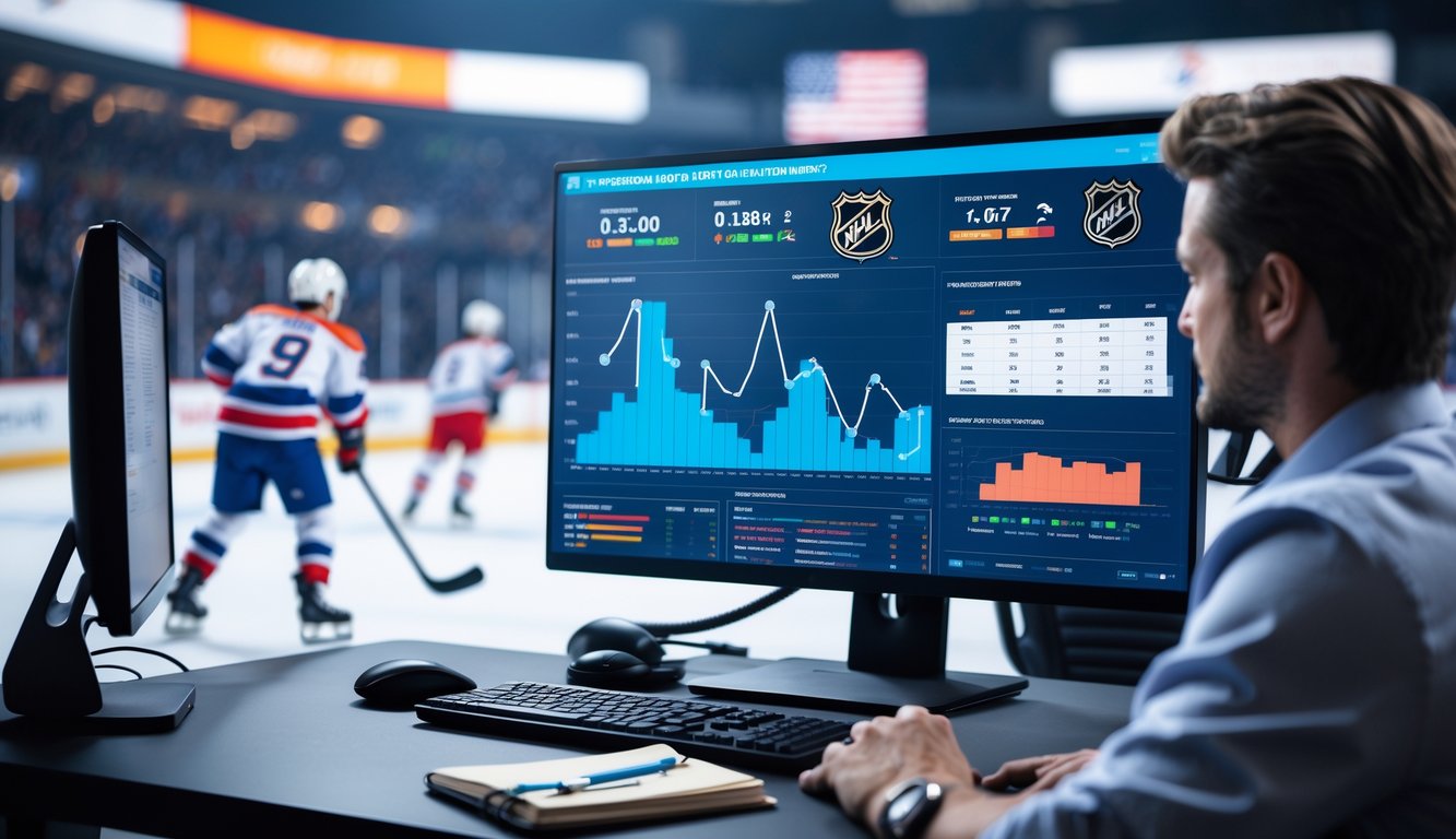 Seorang analis olahraga sedang bekerja dengan komputer yang menampilkan statistik dan grafik pertandingan hoki es NHL.