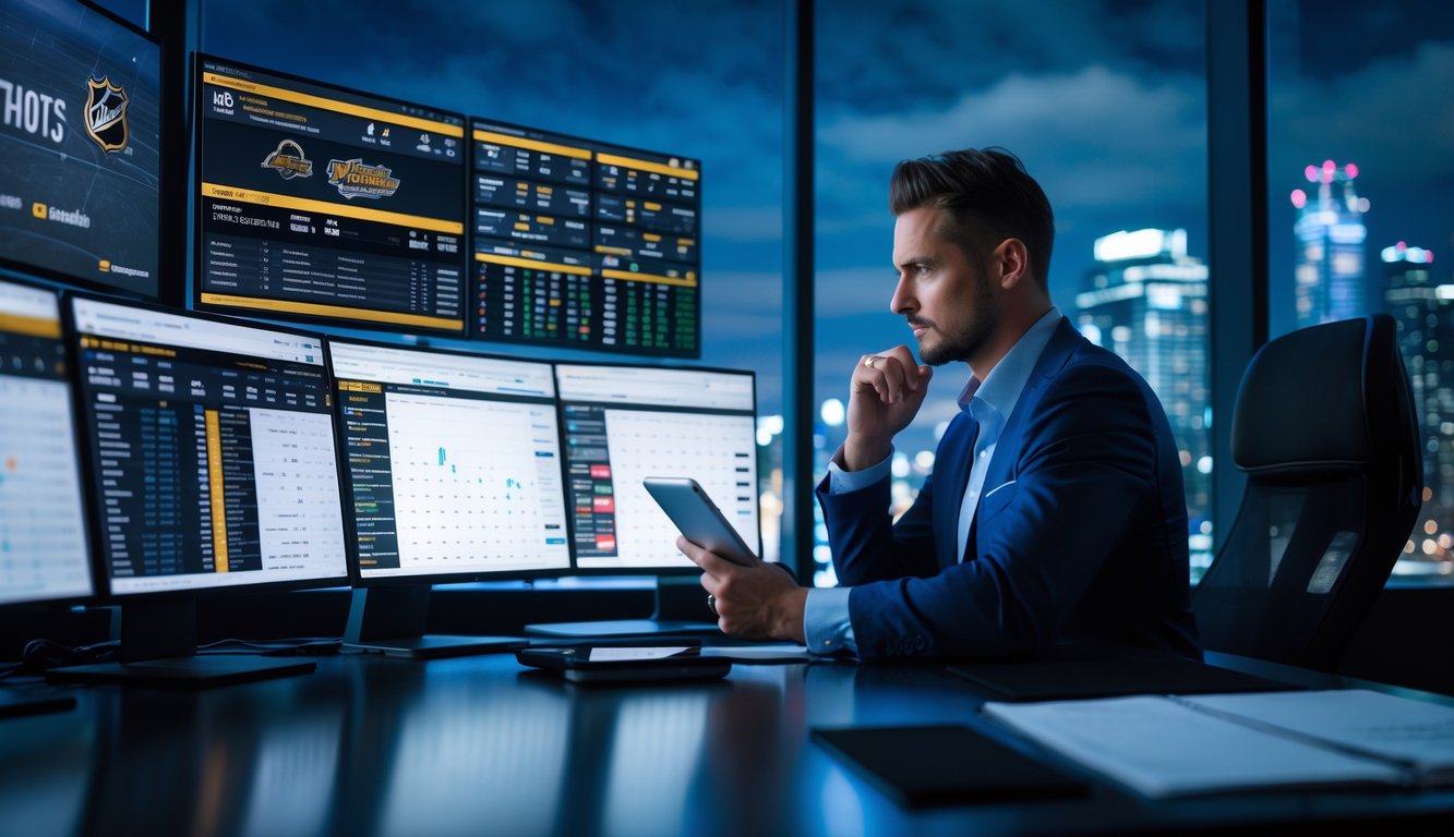 Seorang analis olahraga sedang mempelajari data pertandingan hoki es NHL di depan beberapa layar komputer di ruang kerja modern pada malam hari.