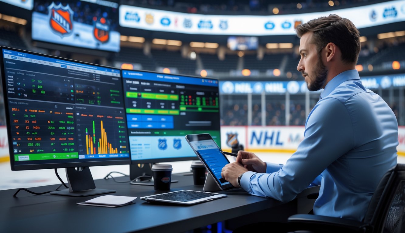 Seorang analis olahraga sedang mempelajari data pertandingan hoki es di depan beberapa monitor di ruang kerja modern.