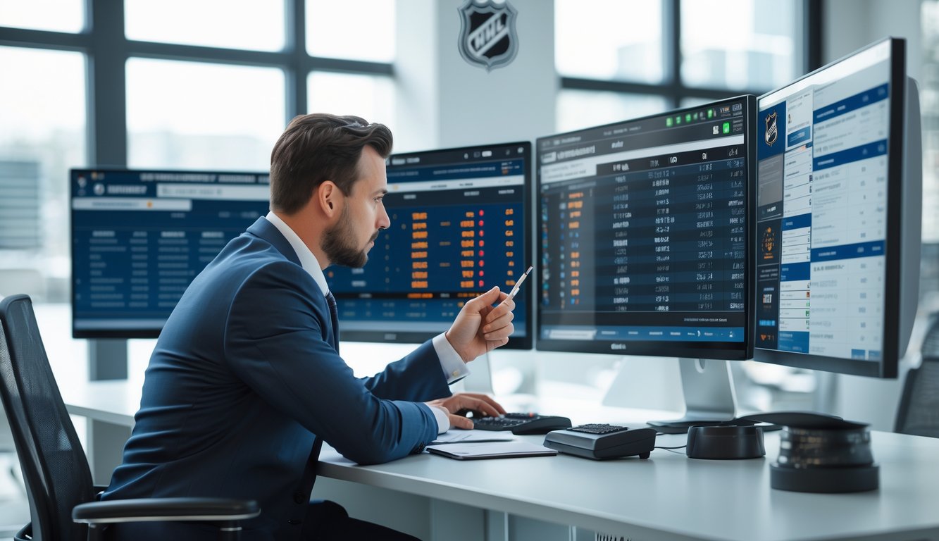 Seorang analis profesional sedang memeriksa data peluang dan statistik taruhan NHL di depan beberapa monitor komputer di kantor modern.