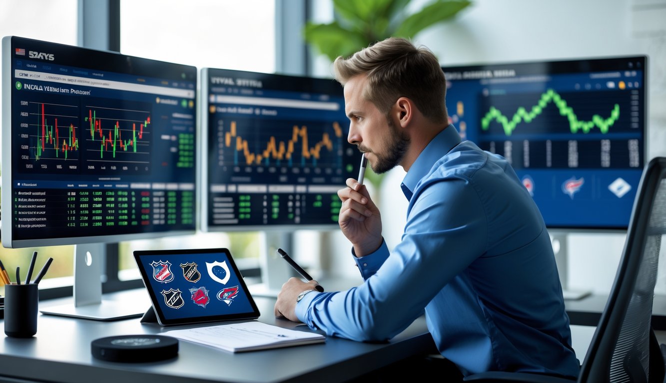 Seorang analis olahraga sedang mempelajari statistik dan peluang taruhan NHL di depan beberapa layar komputer di sebuah kantor modern.