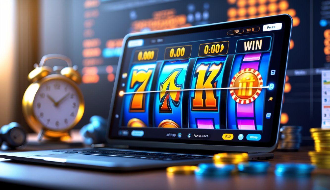 Suasana bermain mesin slot online dengan layar perangkat yang menampilkan grafik permainan berwarna-warni dan simbol kemenangan, diiringi jam dan catatan strategi di sekitar perangkat.