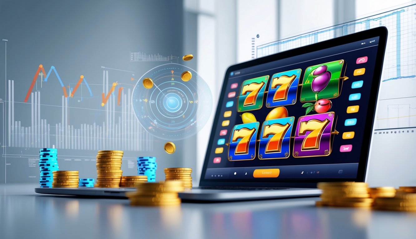 Layar perangkat digital menampilkan mesin slot dengan simbol warna-warni dan grafik pola permainan di sekitarnya.