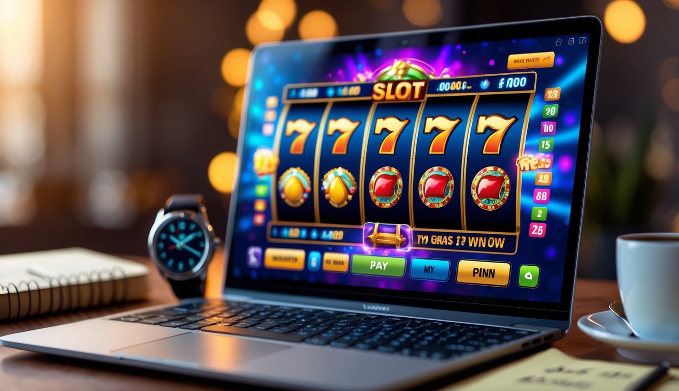 Seorang pemain menggunakan komputer dengan permainan slot online di layar, dikelilingi alat strategi seperti jam tangan dan catatan.