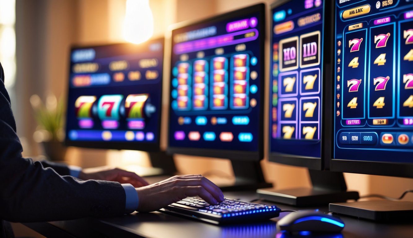 Seseorang menggunakan komputer dengan layar menampilkan grafik mesin slot dan data analitik dalam suasana ruangan yang hangat.