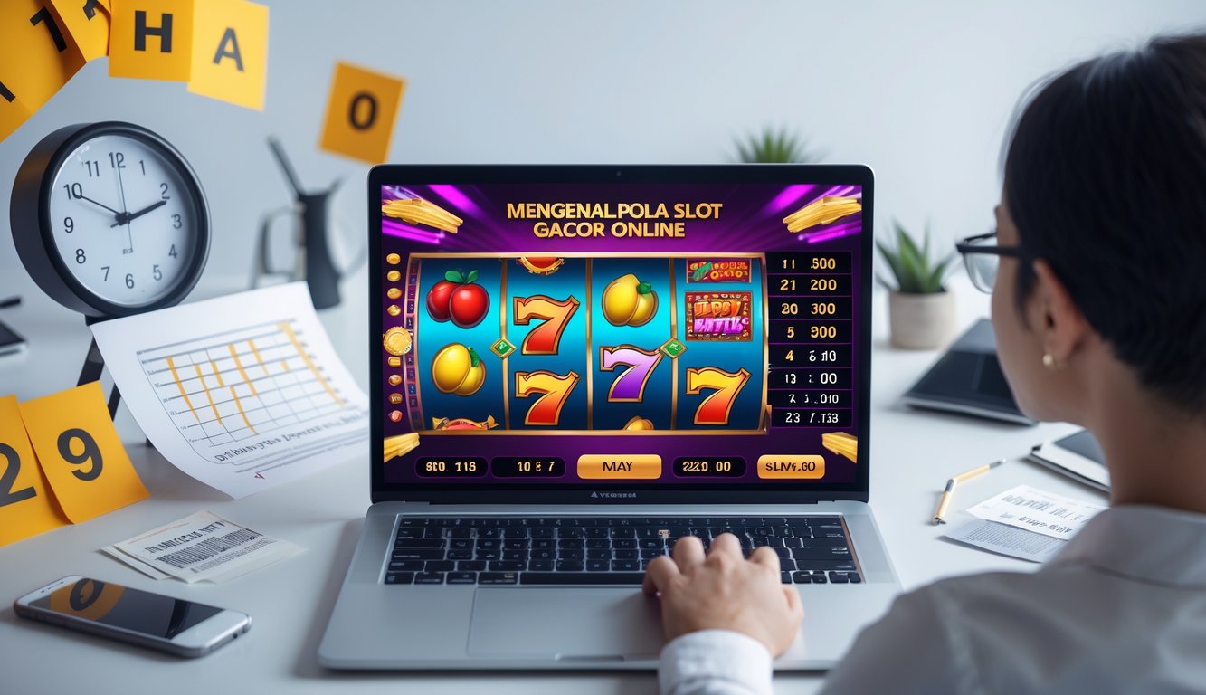 Seorang pria duduk di depan komputer yang menampilkan permainan slot online dengan grafik warna-warni dan jam di latar belakang, menunjukkan suasana analisis pola permainan slot.
