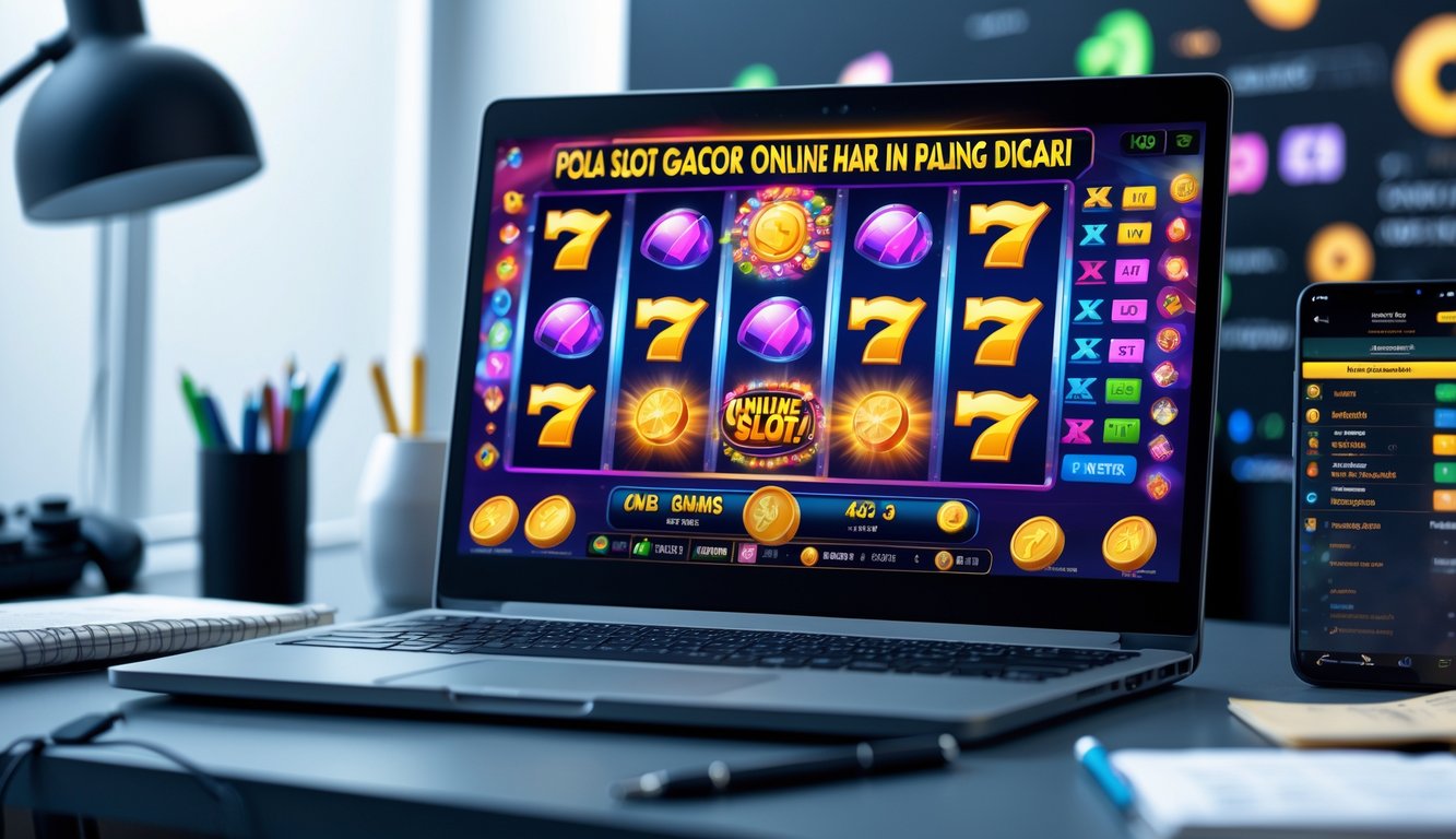 Seorang pemain sedang menggunakan komputer dengan tampilan permainan slot online berwarna cerah, di meja terdapat buku catatan dan ponsel yang menunjukkan statistik permainan.