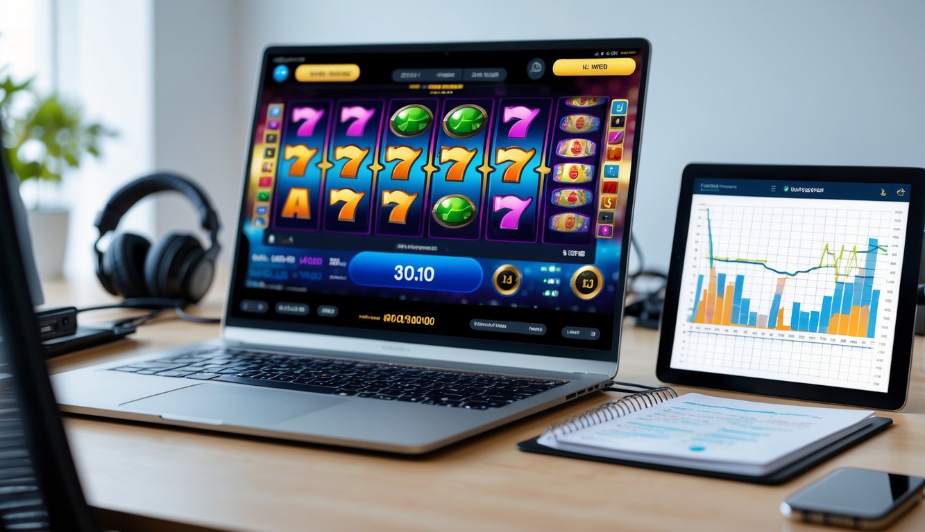 Sebuah meja kerja dengan komputer menampilkan permainan slot online dan perangkat lain yang menunjukkan pola dan strategi bermain.