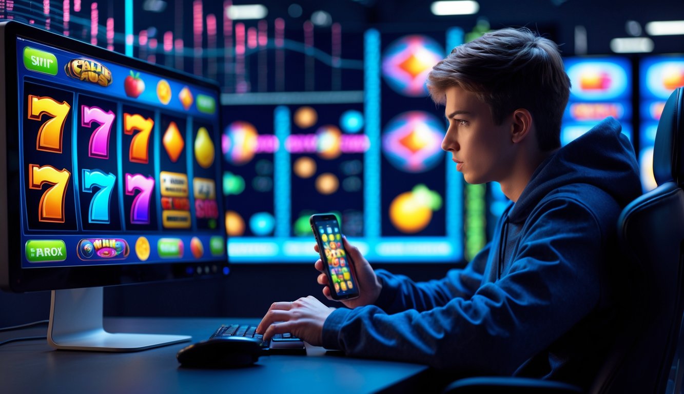 Seorang pemain muda sedang fokus menganalisis pola permainan slot online di depan komputer dengan grafik mesin slot berwarna-warni.