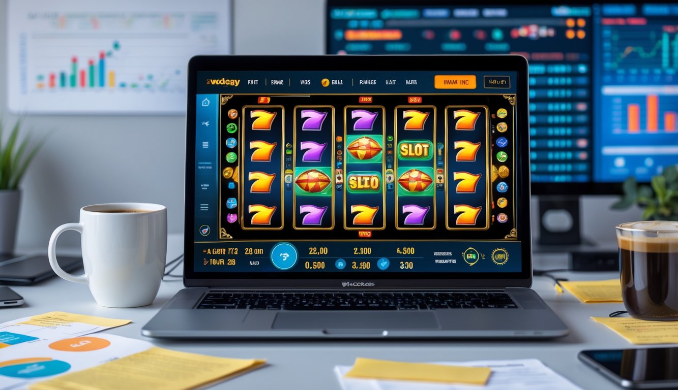 Seseorang sedang menggunakan komputer dengan layar menampilkan permainan mesin slot online di sebuah meja kerja yang rapi.