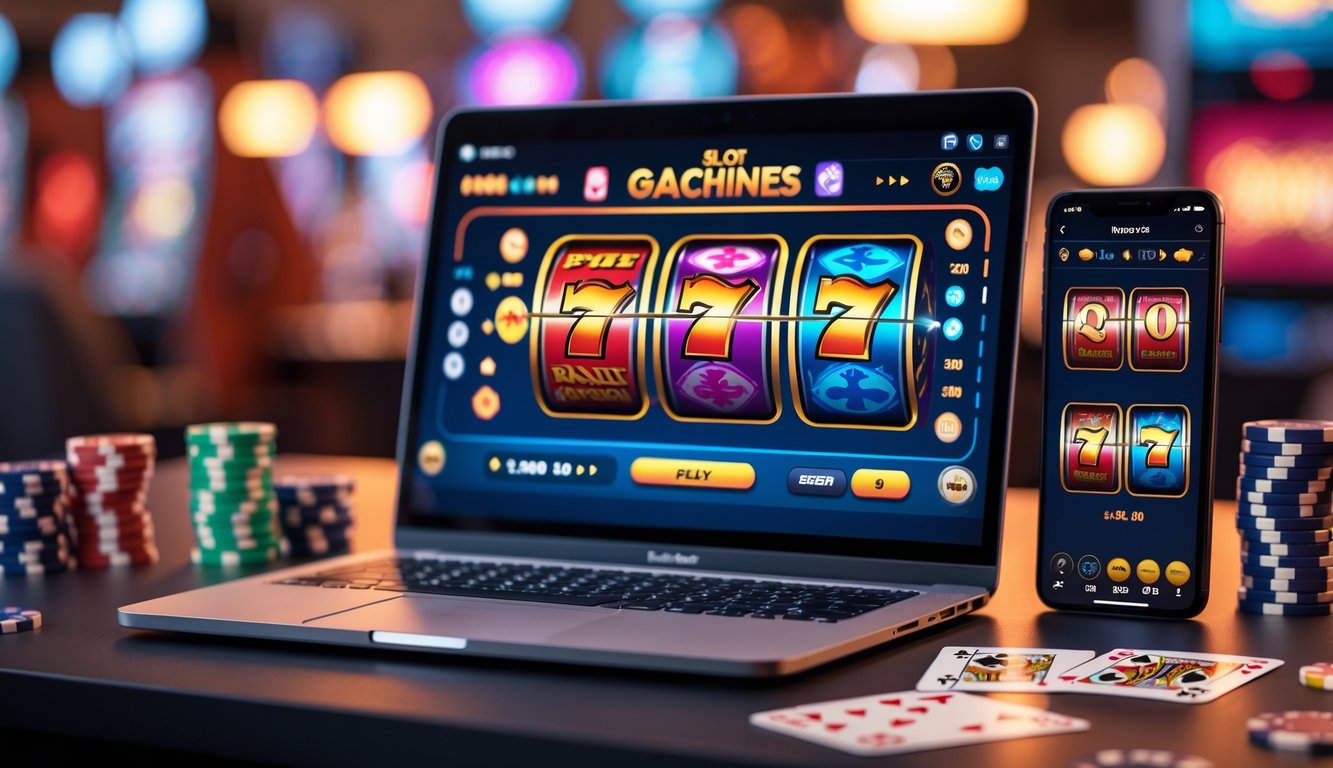 Sebuah meja kerja modern dengan laptop yang menampilkan permainan slot online, dikelilingi oleh chip poker dan kartu remi.