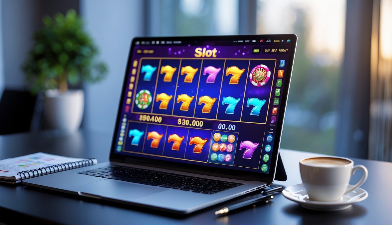 Seorang pemain duduk di depan komputer dengan tampilan permainan slot online yang berwarna-warni, di meja terdapat buku catatan dan cangkir kopi.