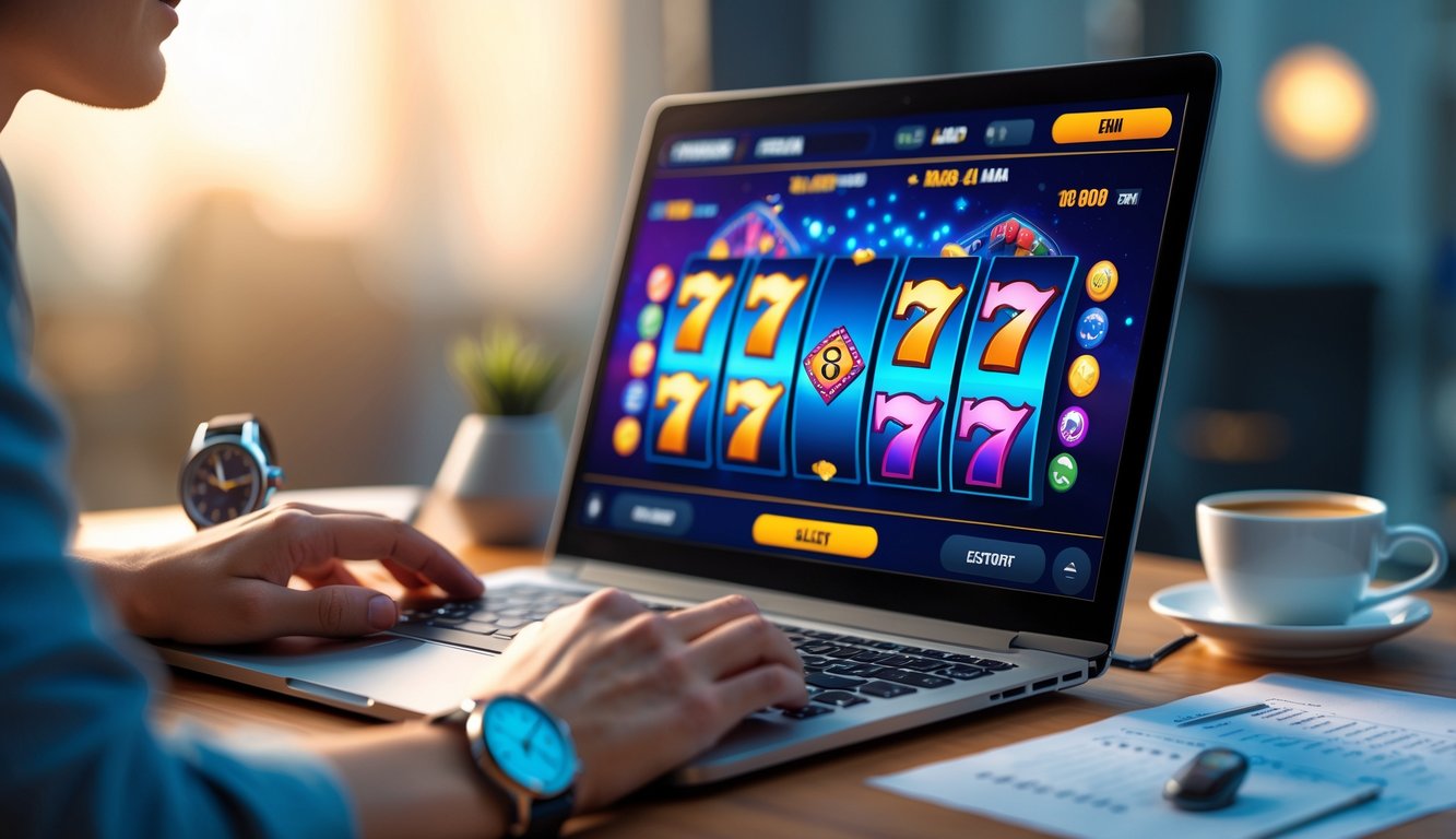Seorang pemain sedang menggunakan komputer dengan permainan slot online di layar, di meja terdapat jam tangan, catatan, dan secangkir kopi.