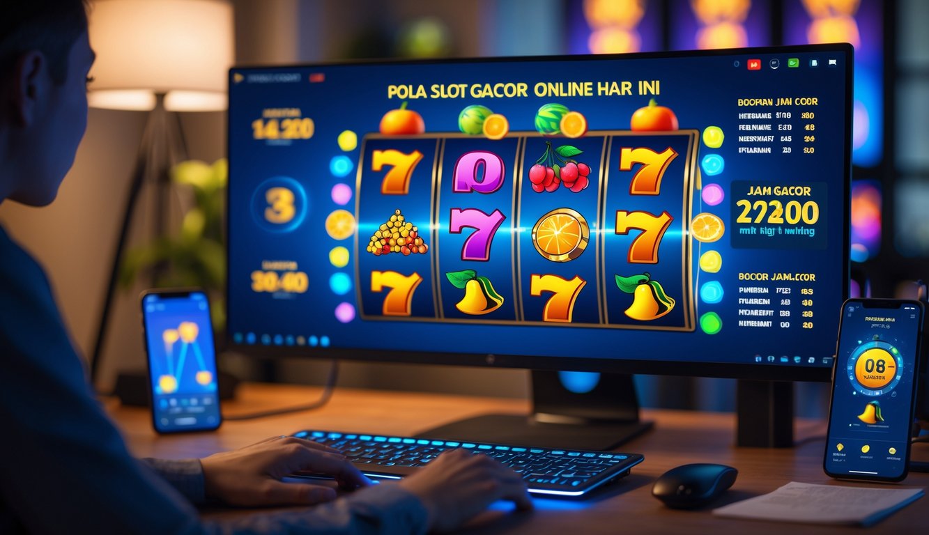 Seorang pemain sedang menggunakan komputer dengan layar menampilkan mesin slot berwarna-warni di sebuah ruang kerja yang nyaman.