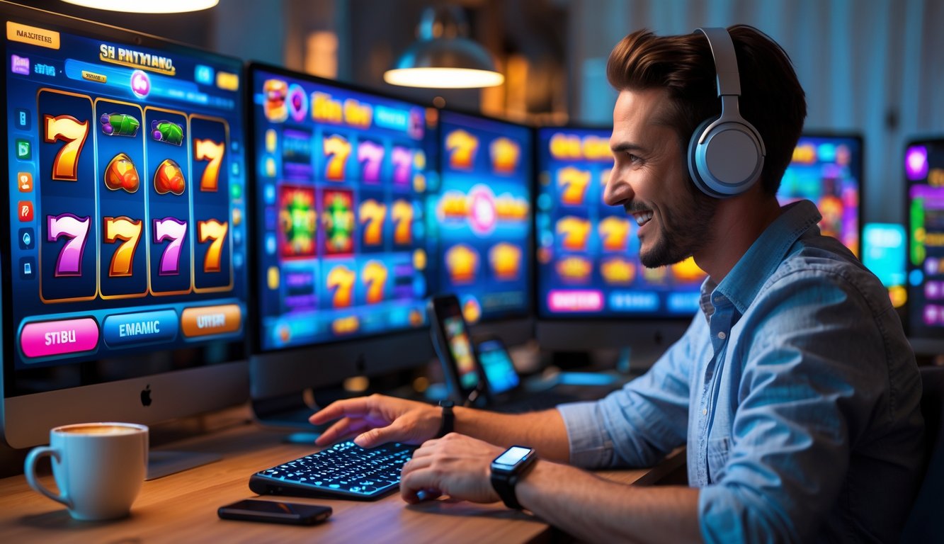 Seorang pria sedang bermain mesin slot online di depan beberapa layar komputer di ruang kerja yang nyaman.