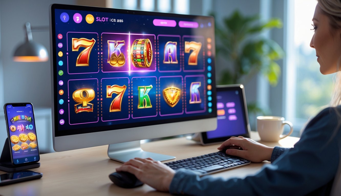 Seseorang bermain slot online di komputer di ruang kerja dengan pencahayaan alami.