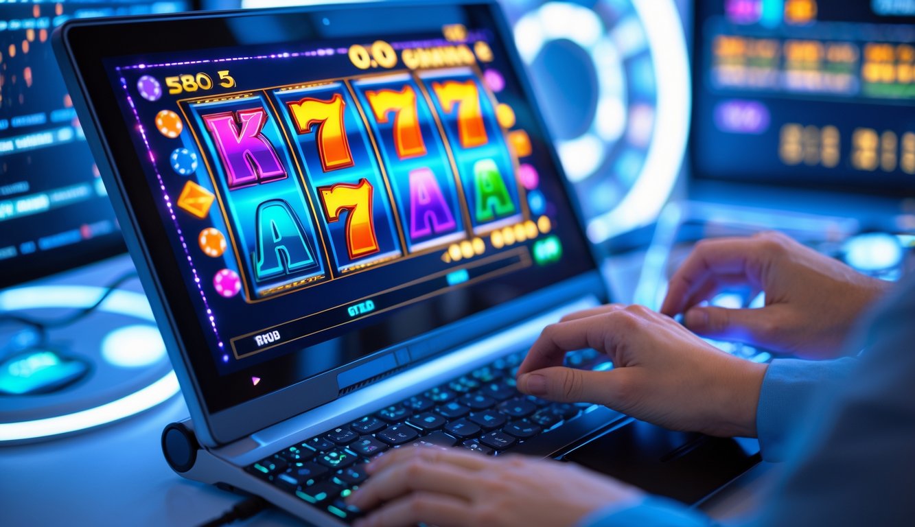 Seorang pengguna sedang bermain mesin slot online di komputer dengan latar belakang teknologi digital dan lampu yang lembut.